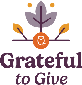 Grateful to Give logo featuring a purple and orange plant with an owl icon.